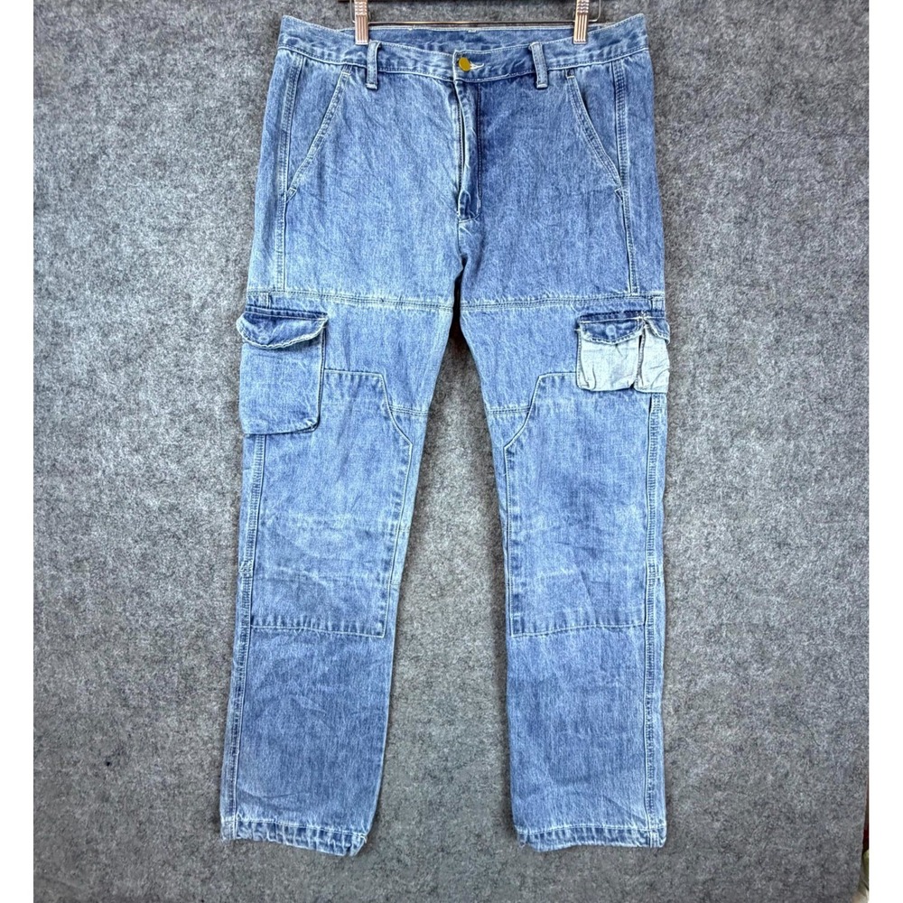 Mnml Jeans Mens 34 Blue Denim Straight Utility Cargo Pockets Workwear Mid Rise